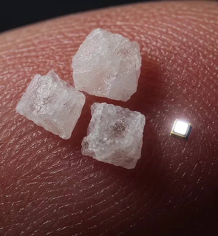 Un Mini LED junto a granos de sal: mide entre una y tres décimas de milímetro
